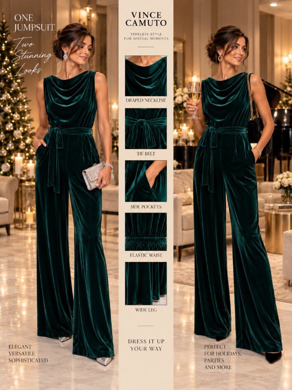 Vince Camuto Emerald Velvet Wide-Leg Belted Jumpsuit Size L NWT - Picture 4 of 16